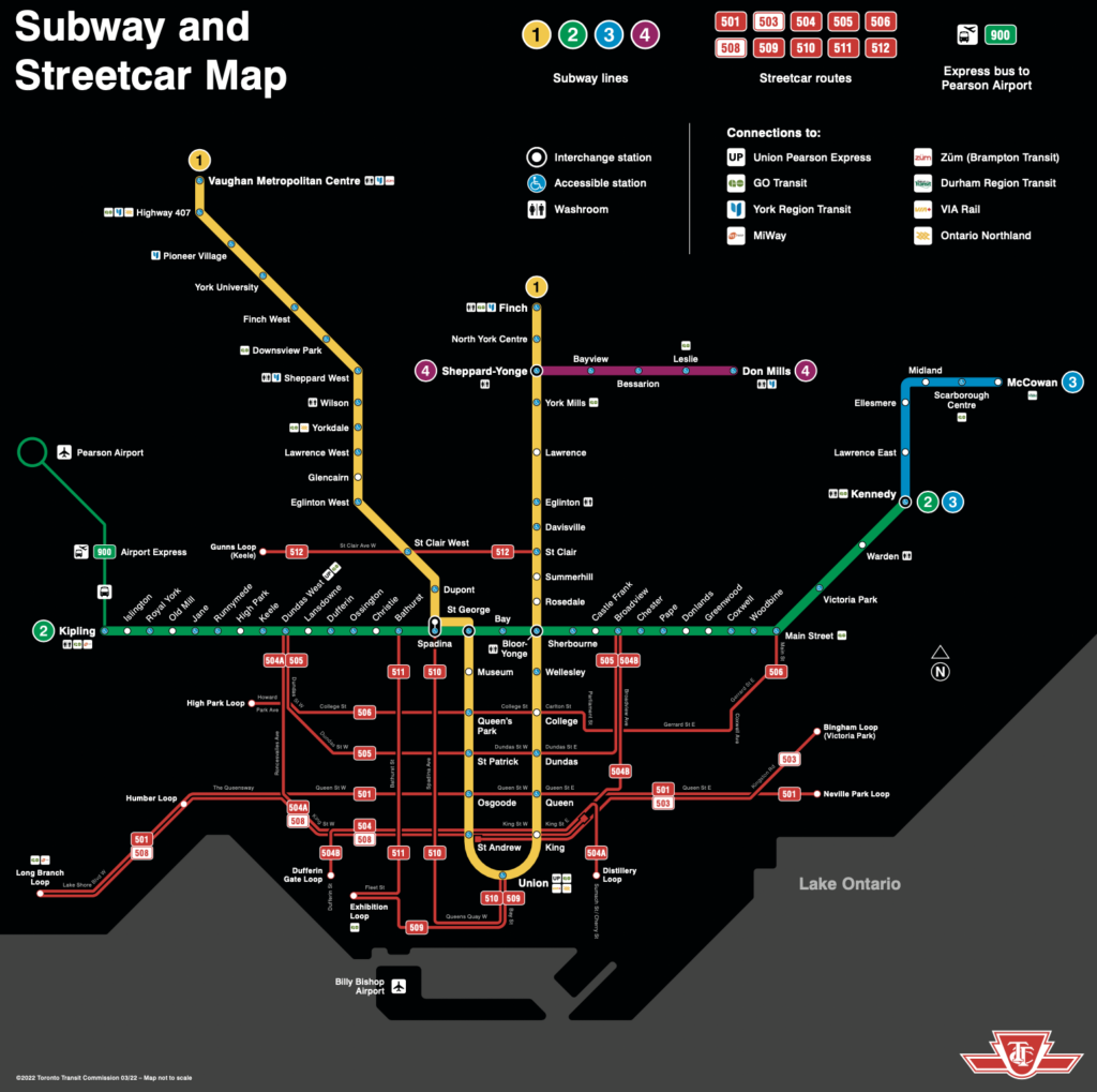 多倫多公共交通工具 Toronto Transit Commission, TTC介紹地鐵、路面電車地圖 Subway Streetcar Map 2021-11