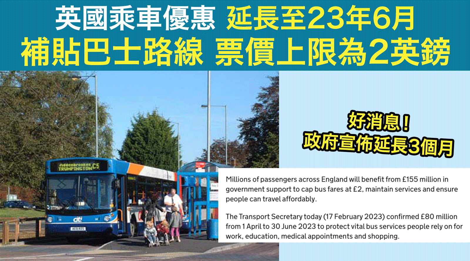 英國乘車優惠延長至23年6月-補貼巴士路線票價上限為2英鎊-鼓勵民眾善用交通工具改善塞車