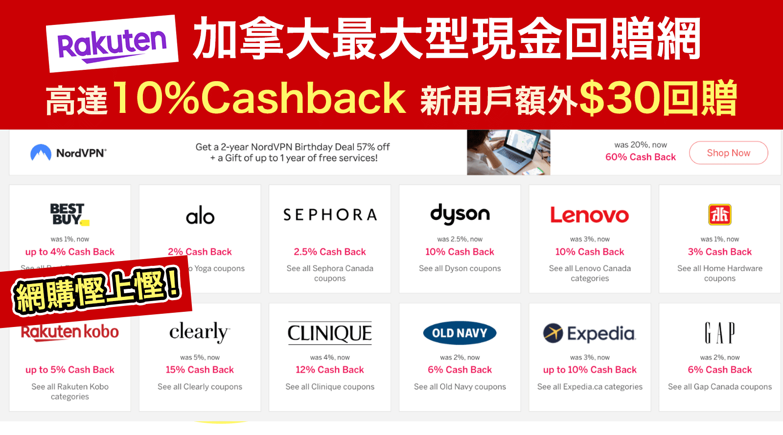 加拿大最大型現金回贈網Rakuten--高達10％Cashback-新用戶額外$30回贈丨加拿大網購優惠平台推介