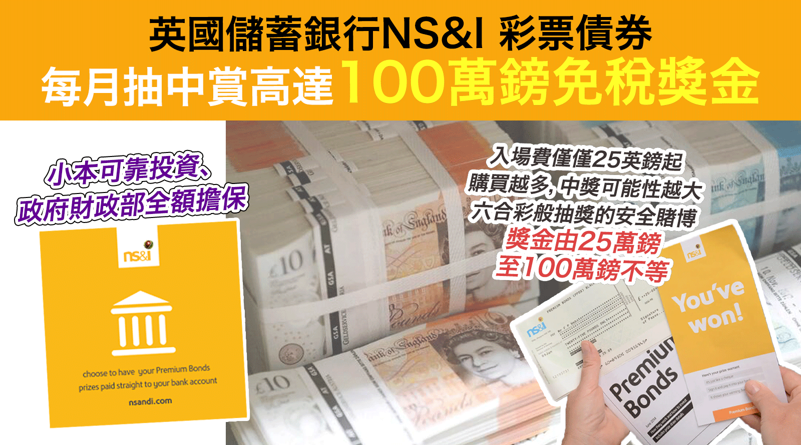 英國儲蓄銀行NS&I彩票債券-抽中賞高達100萬鎊免稅獎金丨小本可靠投資、政府財政部全額擔保